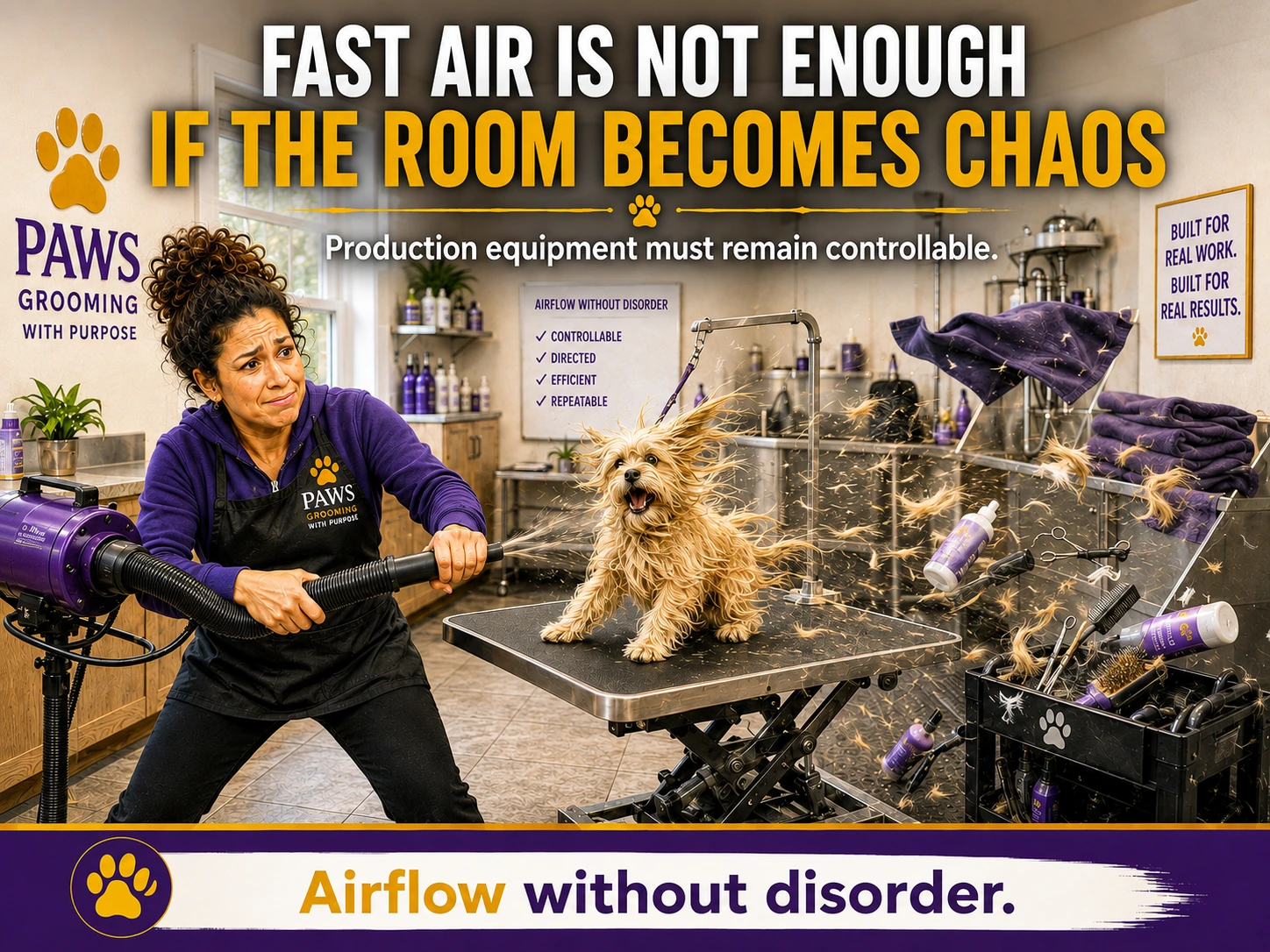 PAWS Grooming poster showing a force dryer creating a chaotic mess with flying towels, hair, bottles, and tools around a small dog on a grooming table.