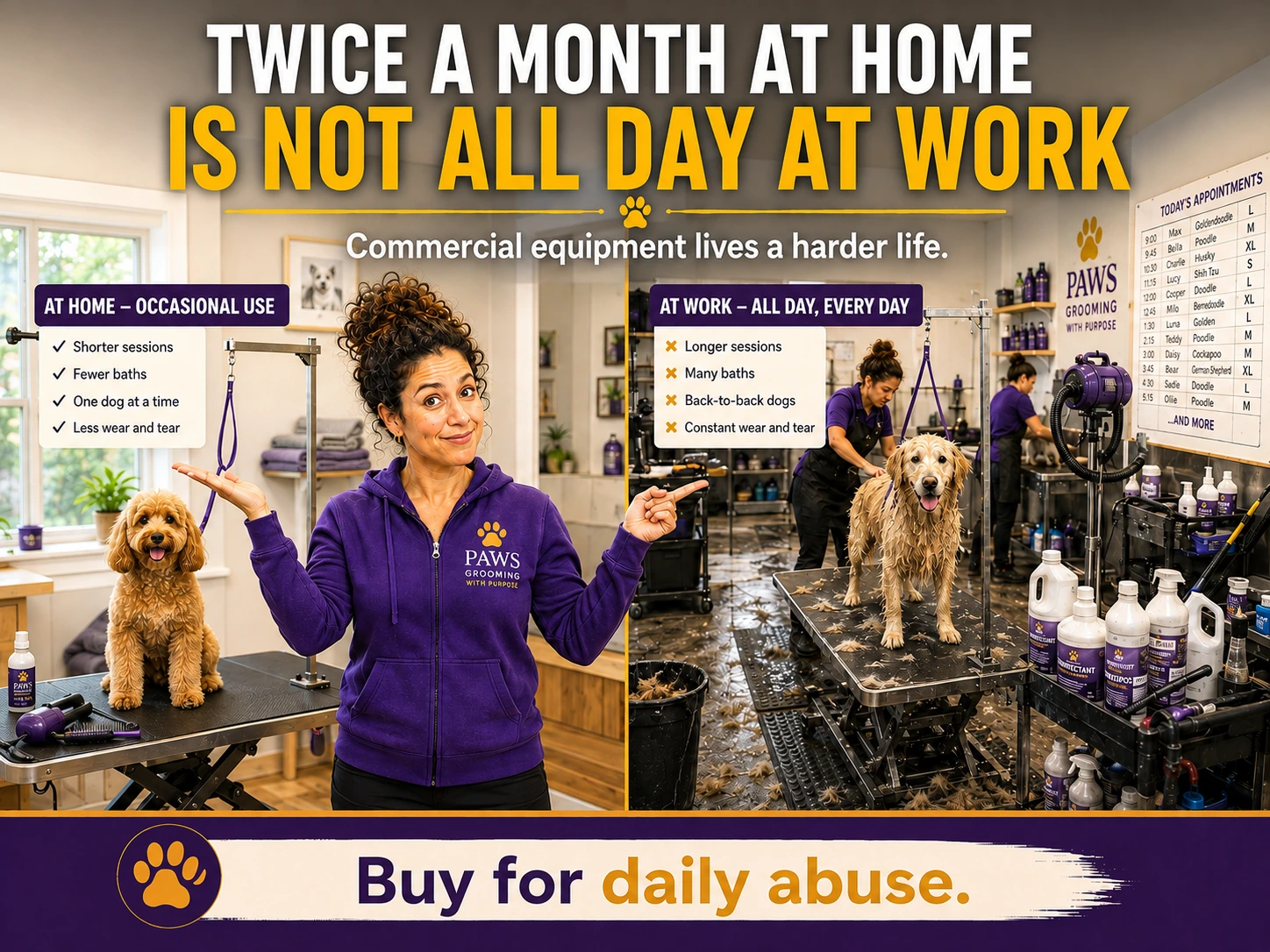 PAWS Grooming comparison poster showing occasional home grooming on one side and heavy all-day professional grooming on the other.