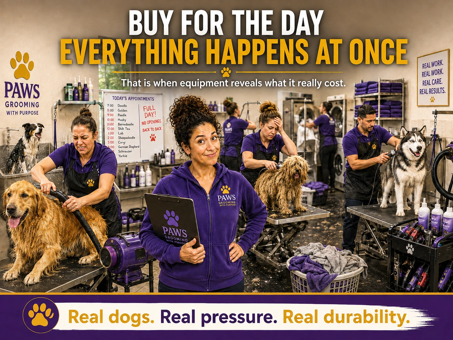 PAWS Grooming poster showing a busy full-day salon with multiple groomers, multiple dogs, bathing, drying, laundry, and stacked appointments.