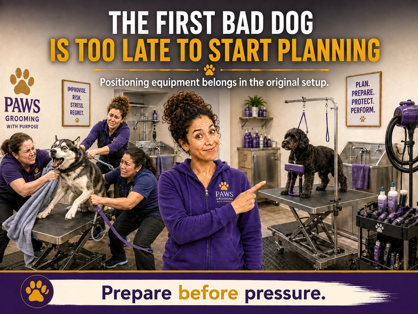 PAWS Grooming poster showing a chaotic struggle with a difficult husky on one side and a calm prepared setup with a smaller black dog on the other.