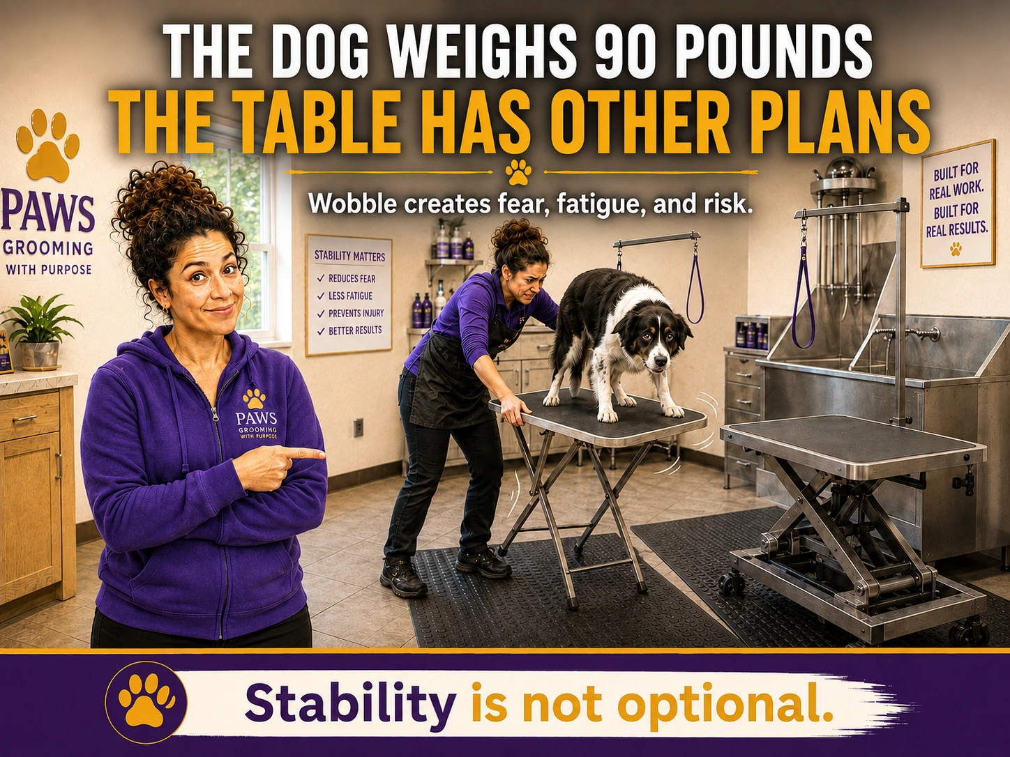 PAWS Grooming poster comparing a wobbly grooming table and a stable professional table while a groomer handles a large black-and-white dog.