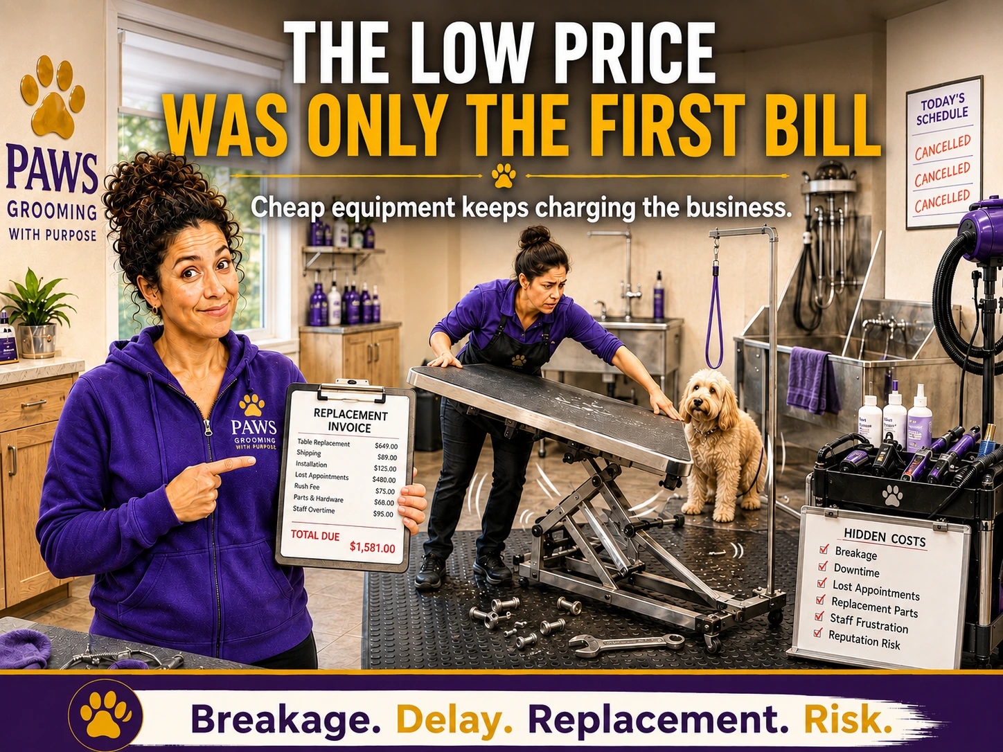 PAWS Grooming poster showing a groomer dealing with a failing grooming table while the PAWS lady holds a replacement invoice and a hidden-costs checklist.