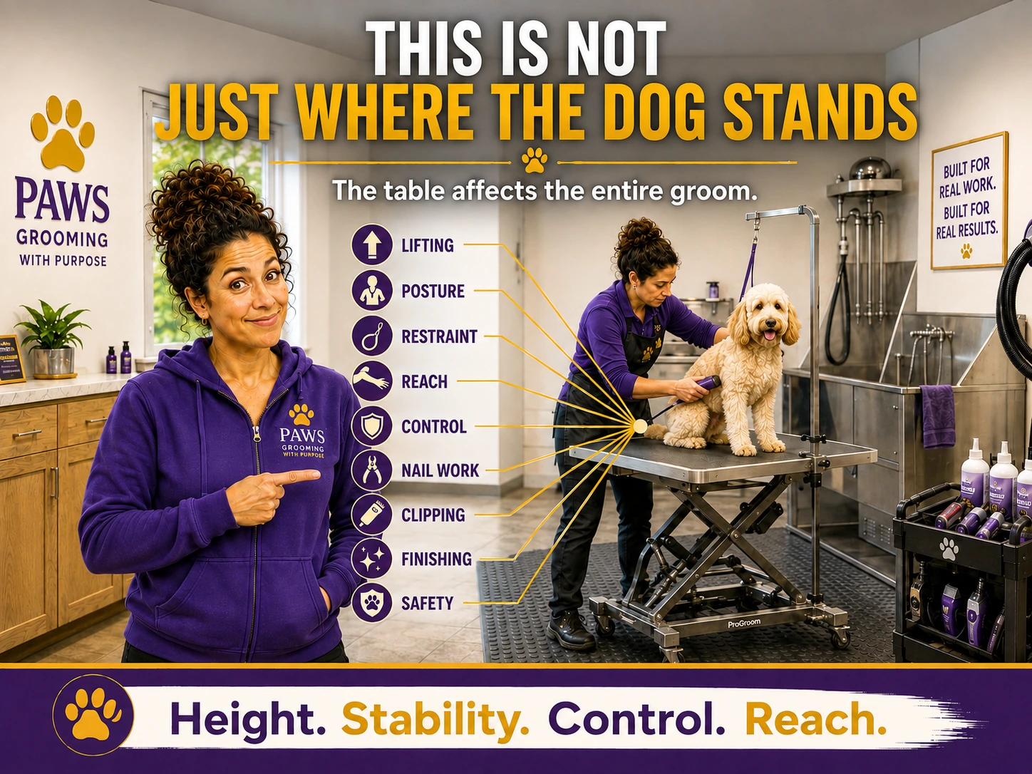 PAWS Grooming poster showing how a grooming table affects lifting, posture, restraint, reach, control, clipping, finishing, and safety throughout the entire groom.