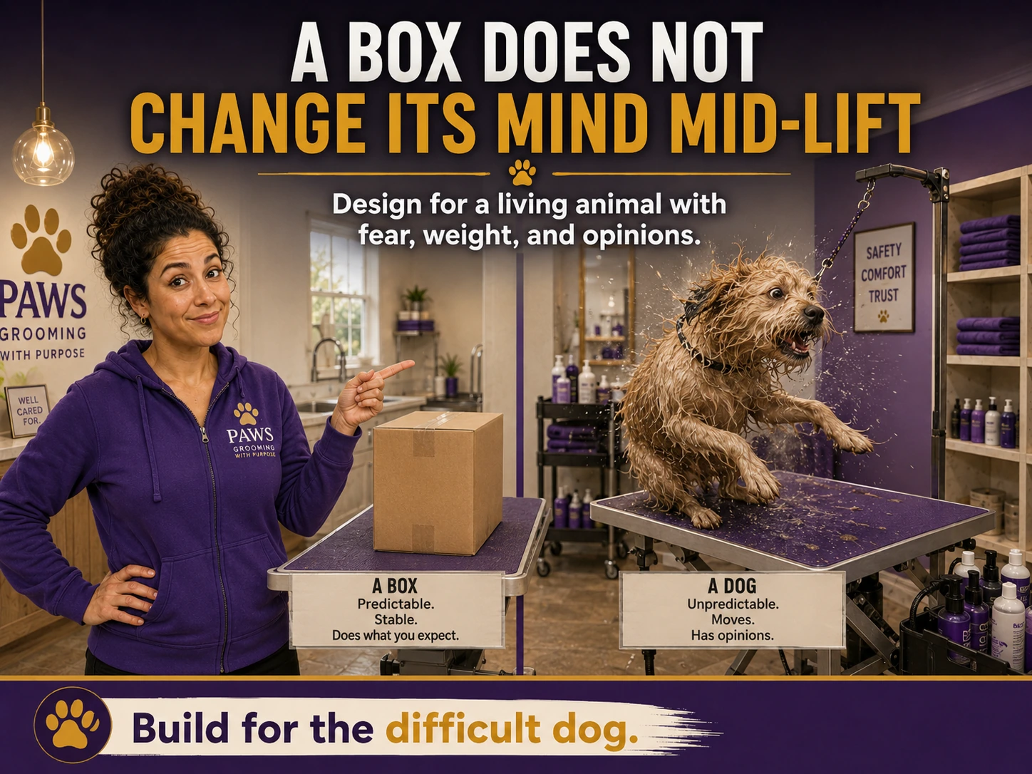 PAWS Lady compares a stable cardboard box with a wet dog jumping on a grooming table to show that dogs are unpredictable living animals.