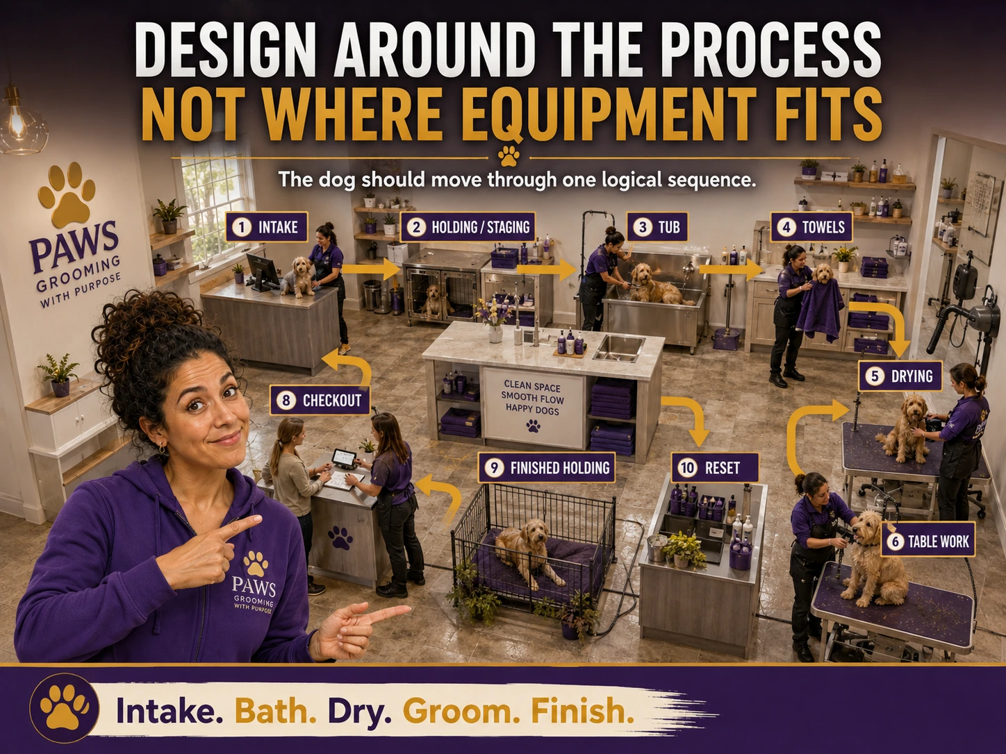 Overhead grooming salon workflow shows intake, staging, tub, towels, drying, table work, checkout, finished holding, and reset in one logical sequence.