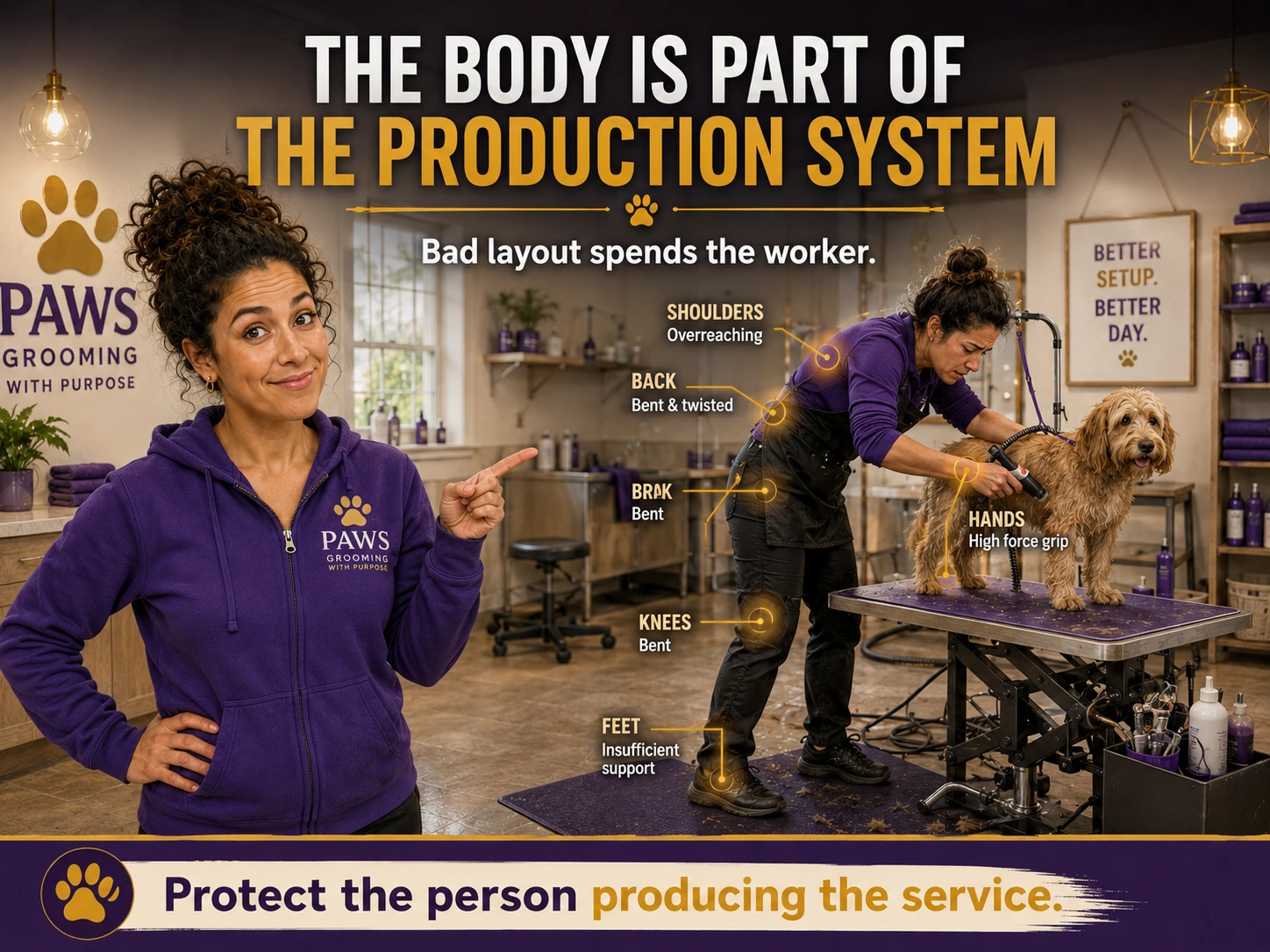 PAWS Lady points to a groomer working in a strained posture while labels identify stress on the shoulders, back, hands, knees, and feet.