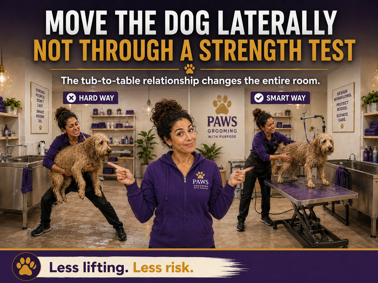PAWS Lady compares a groomer lifting a heavy wet dog with a safer lateral transfer from tub to adjustable grooming table.