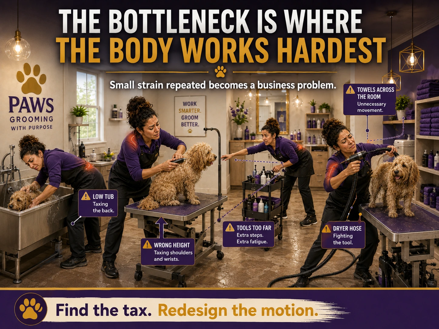 Multiple grooming scenes identify a low tub, wrong table height, distant tools, fighting dryer hose, and towels across the room as ergonomic bottlenecks.