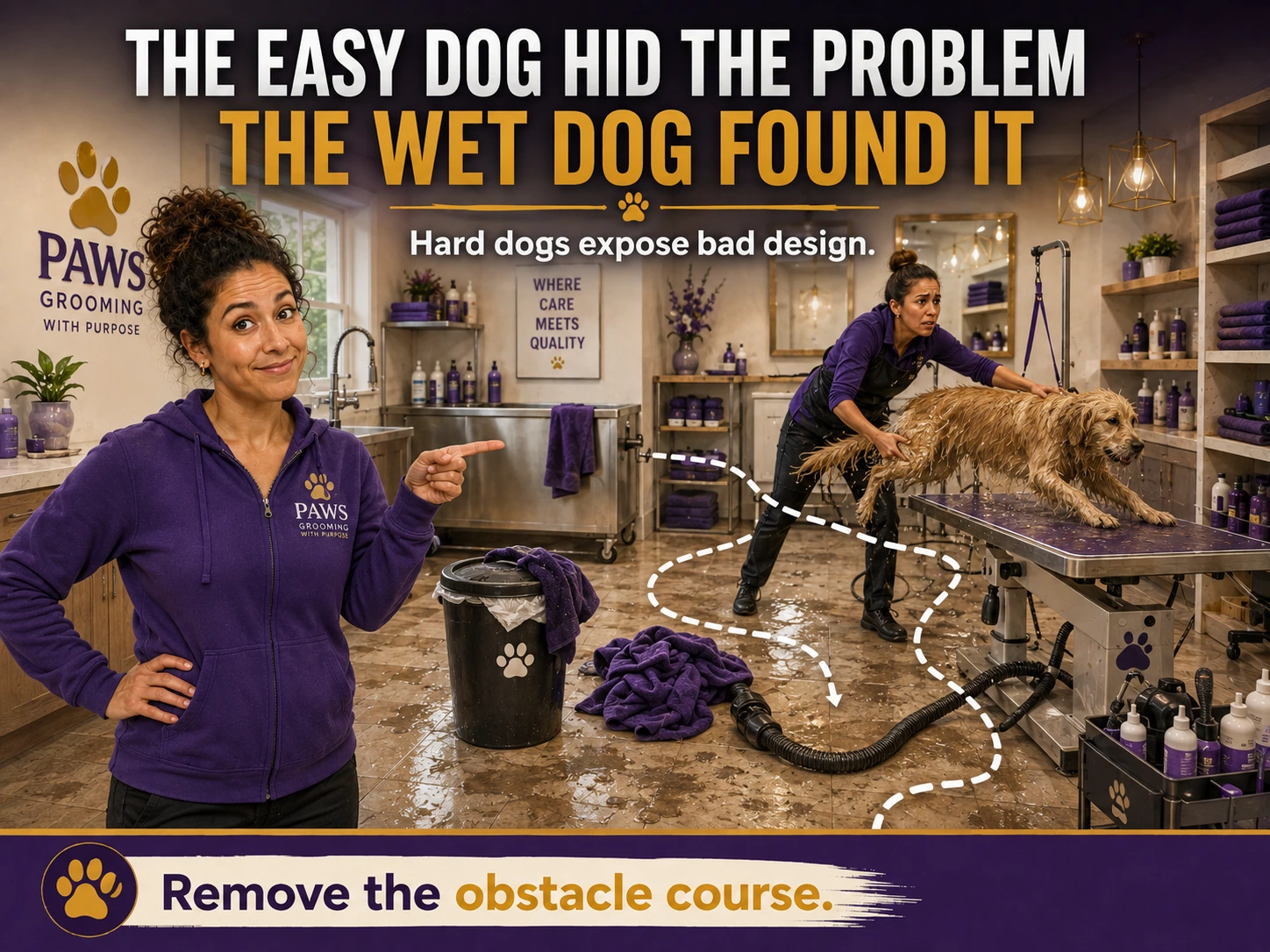PAWS Lady points to a groomer struggling to move a wet dog through towels, a trash can, a dryer hose, and a slippery floor.