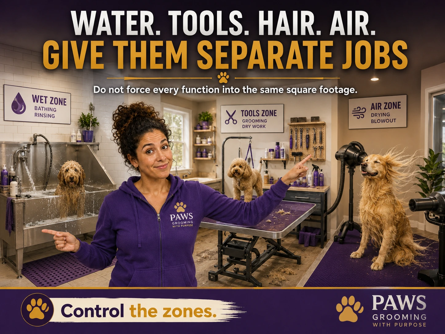 PAWS Lady points to separate wet, tools, and air zones in a grooming salon with bathing, table work, and drying areas.