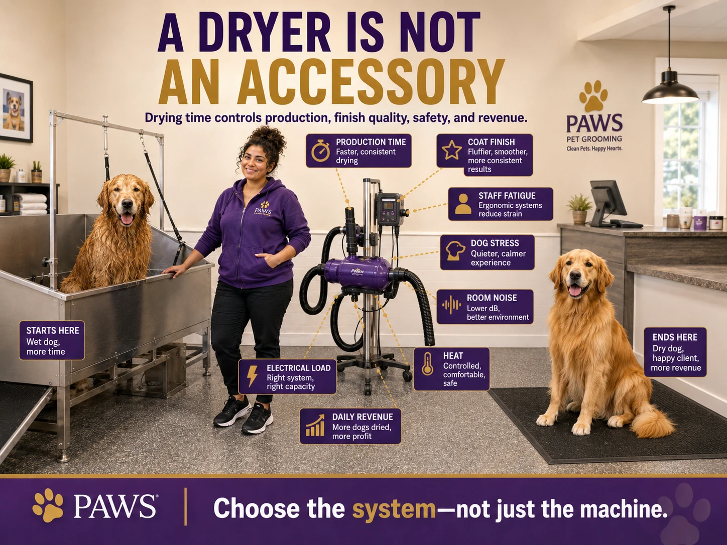 The PAWS Lady stands between a wet dog at the starting point and a dry dog at the finished point while callouts show how the drying system affects time, coat quality, staff fatigue, stress, heat, noise, and revenue.