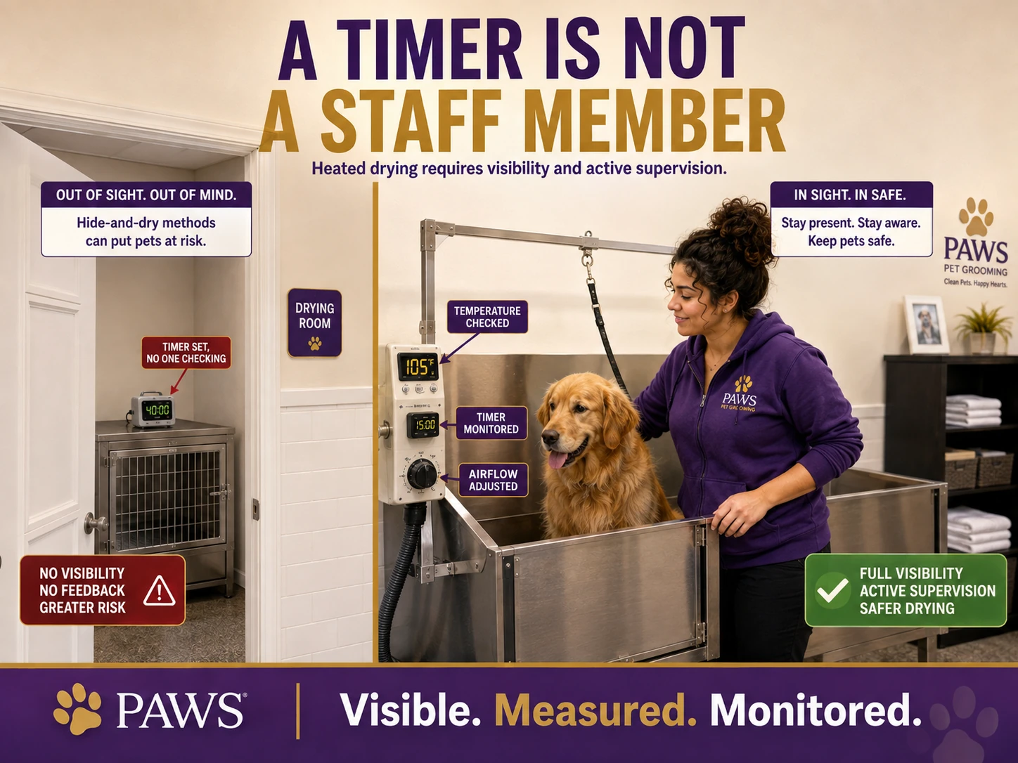A comparison graphic contrasts unsafe unattended heated drying with safer visible, measured, monitored drying supervised by the PAWS Lady.
