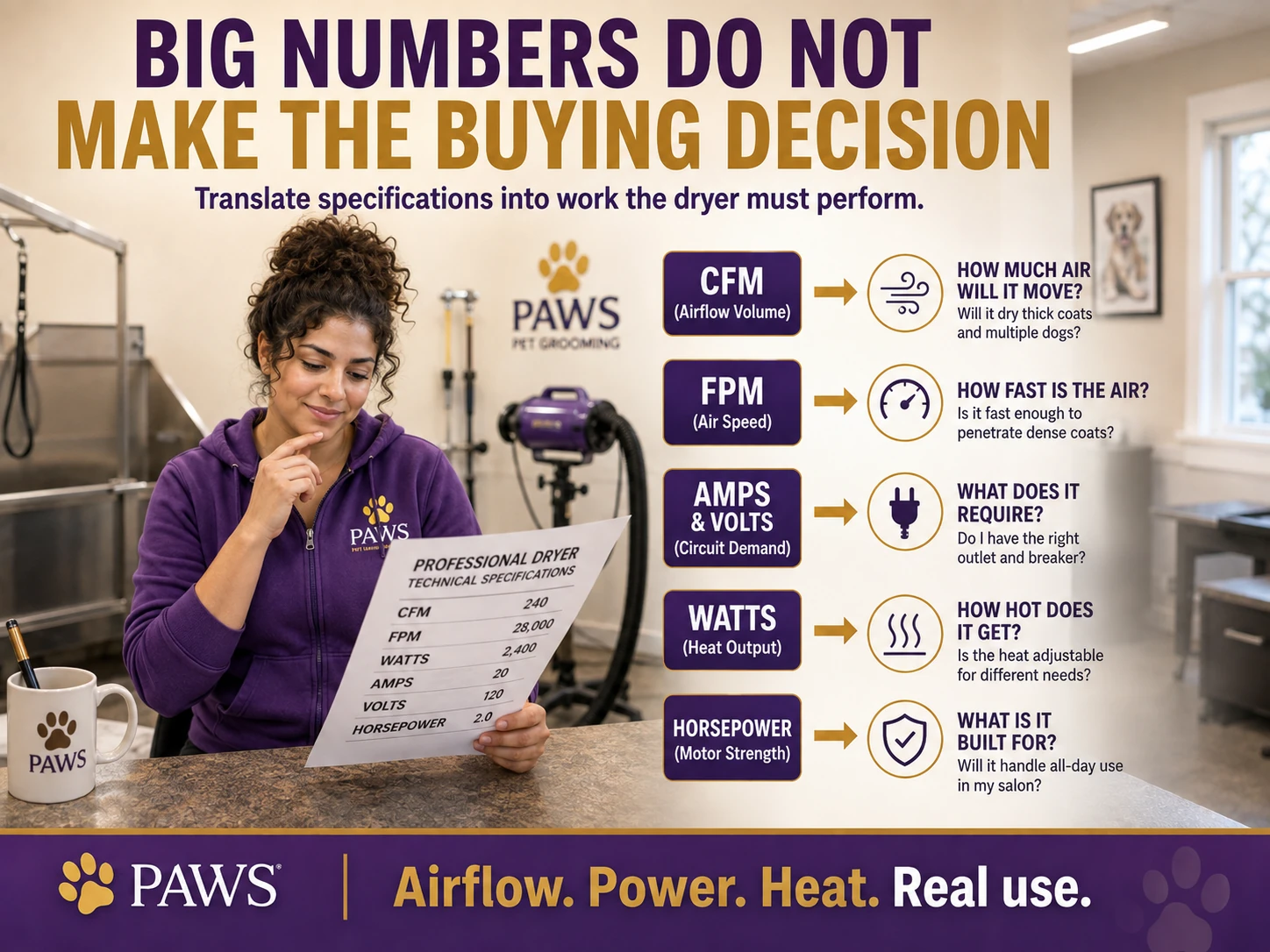 The PAWS Lady reviews dryer specifications while a set of callouts explains how airflow, speed, power, heat, and build quality translate into real grooming use.