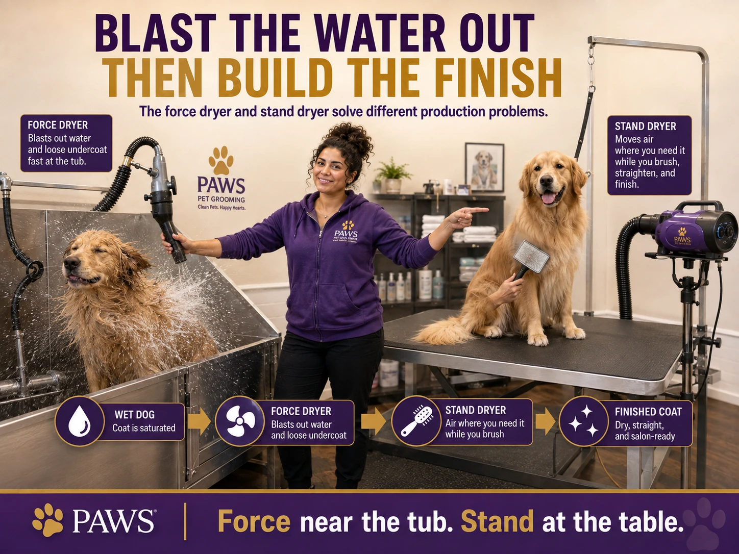 The PAWS Lady compares a force dryer at the tub with a stand dryer at the grooming table, showing the workflow from soaking-wet coat to dry, finished coat.
