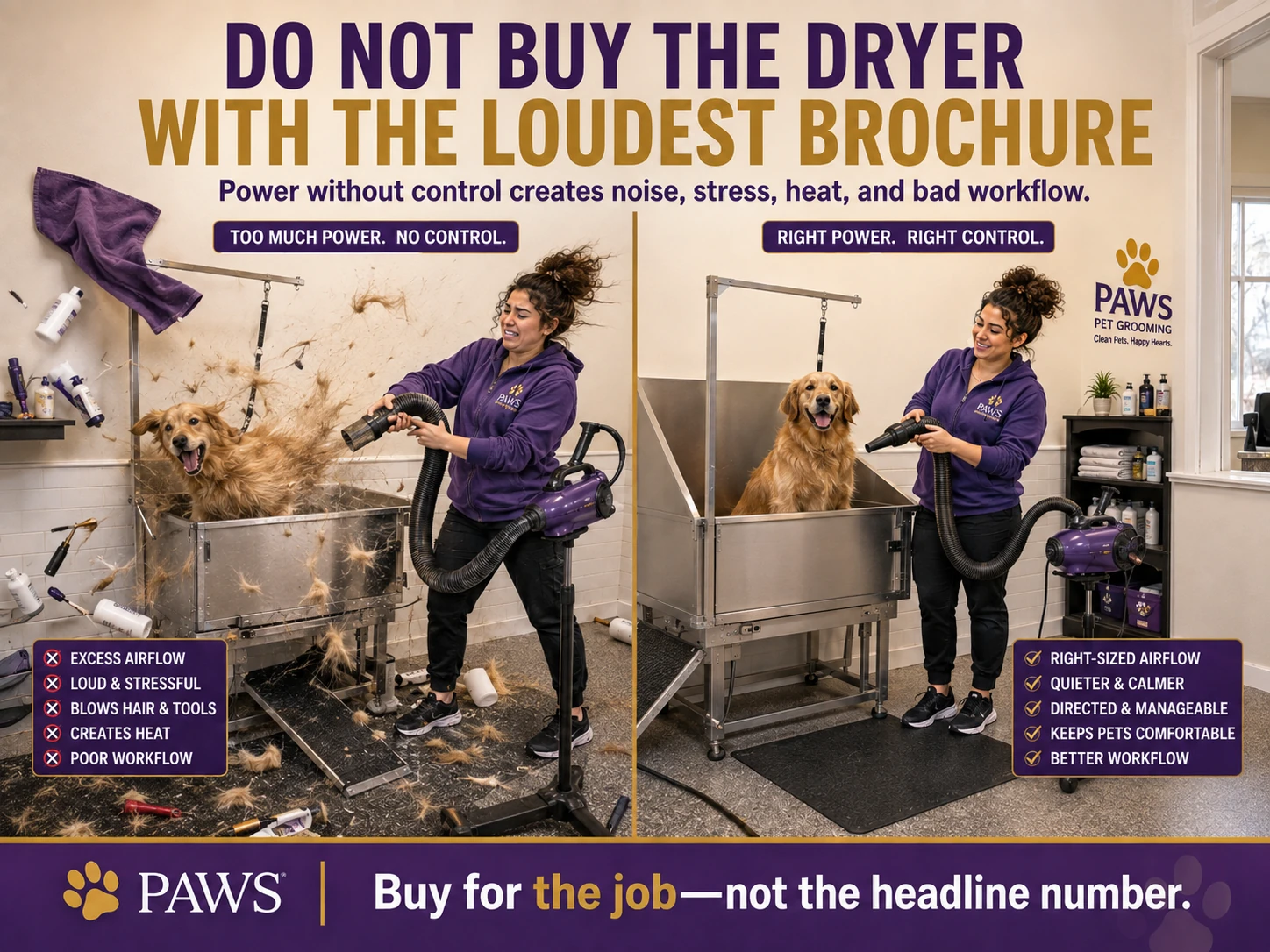 Split comparison graphic showing an overpowered chaotic dryer setup on one side and a controlled, right-sized drying setup on the other.