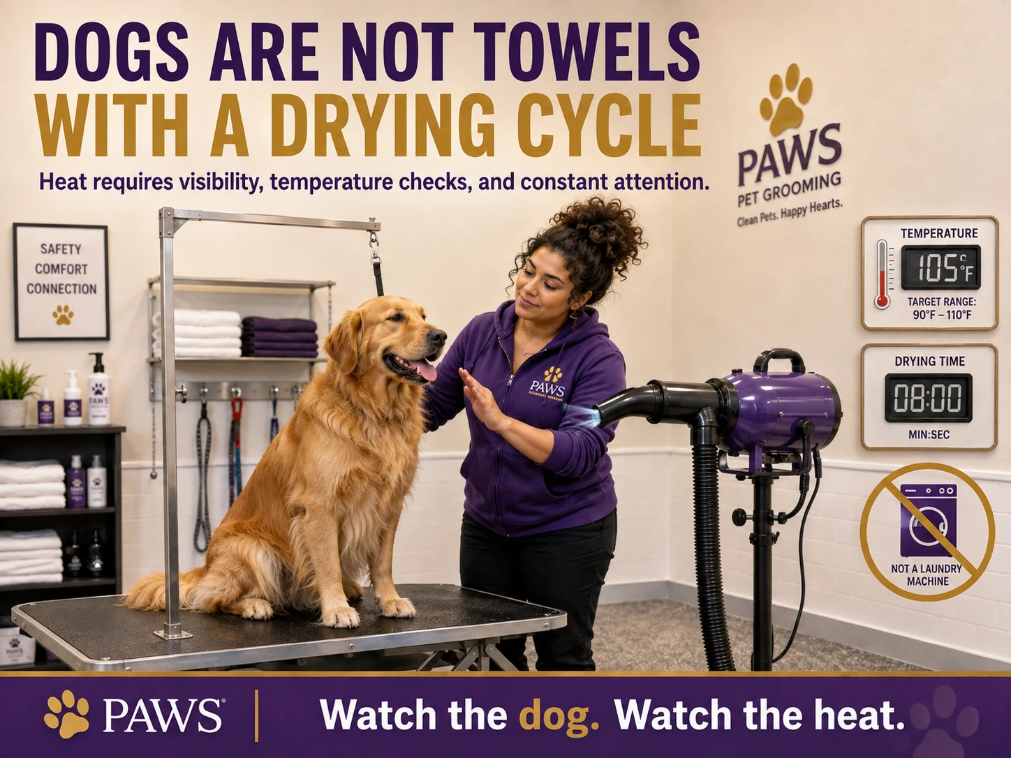 PAWS Lady monitors a golden retriever on a grooming table beside a stand dryer in a clean grooming room, emphasizing that heat drying requires visibility, temperature checks, and constant attention.