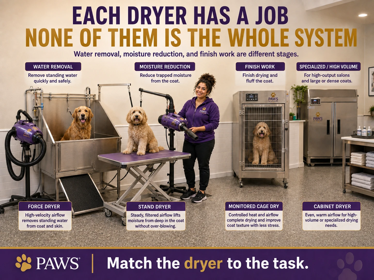 A wide comparison graphic shows multiple grooming dryer types and stages, with the PAWS Lady demonstrating that water removal, moisture reduction, finish work, and specialized drying each require different equipment.