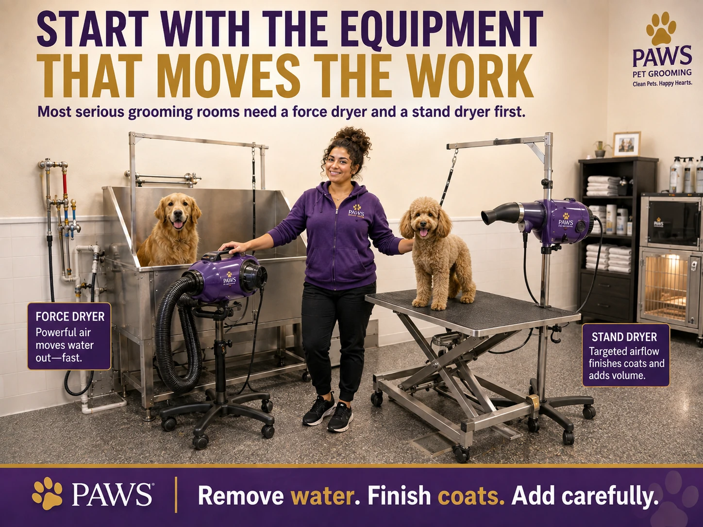 The PAWS Lady presents a force dryer and a stand dryer as the first essential grooming-drying tools, with a golden retriever at the tub and a small dog on a grooming table.