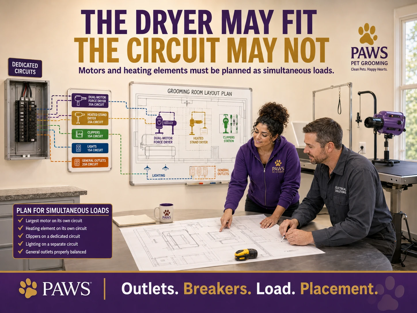 The PAWS Lady reviews a grooming room layout with an electrician while diagrams explain dedicated circuits and simultaneous electrical loads for dryers and other equipment.