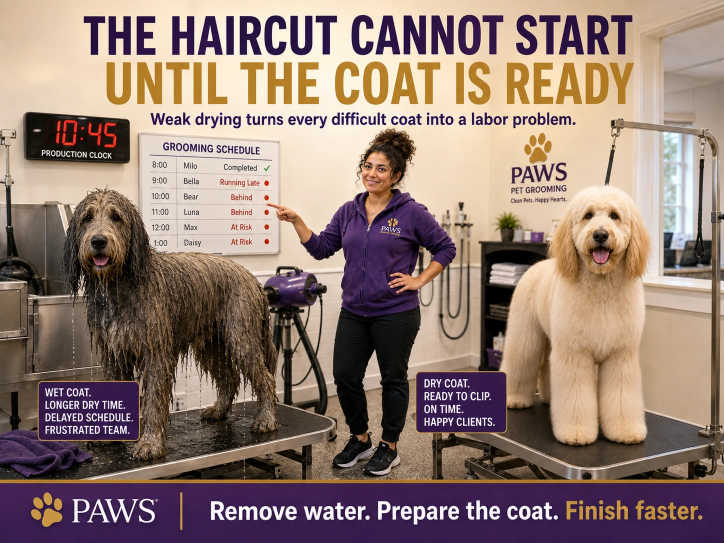 A before-and-after grooming workflow graphic shows a soaked shaggy dog delaying the schedule on one side and a clean, dry, clip-ready dog on the other.