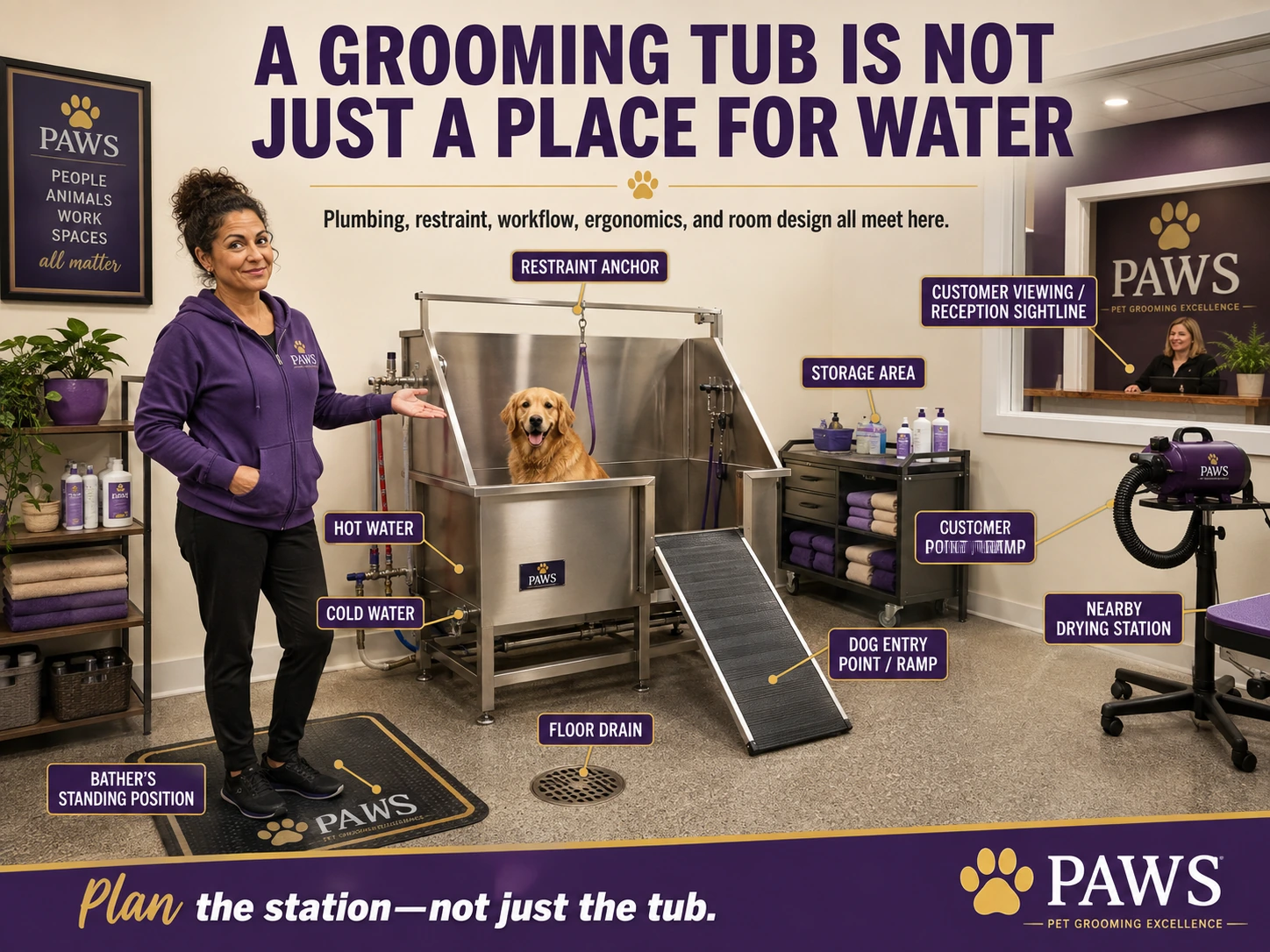 PAWS grooming graphic labeling the surrounding components of a dog bathing station, including drain, water lines, restraint anchor, ramp, storage, customer sightline, and drying area.