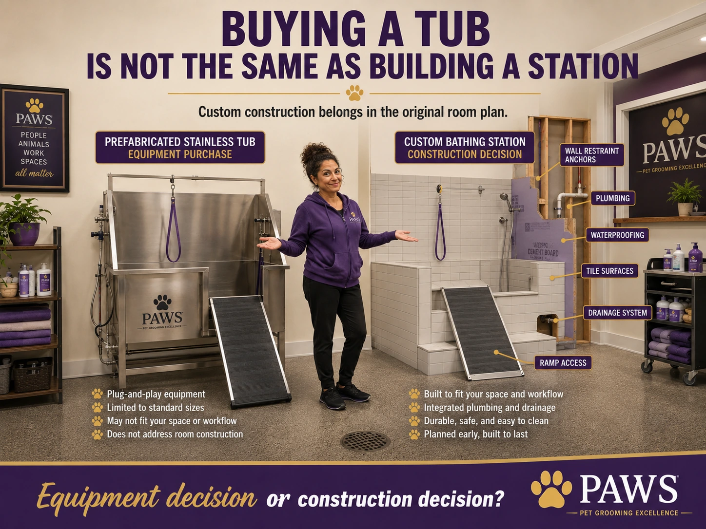 PAWS grooming graphic comparing a prefabricated stainless dog tub with a custom-built bathing station to show the difference between an equipment purchase and a construction decision.