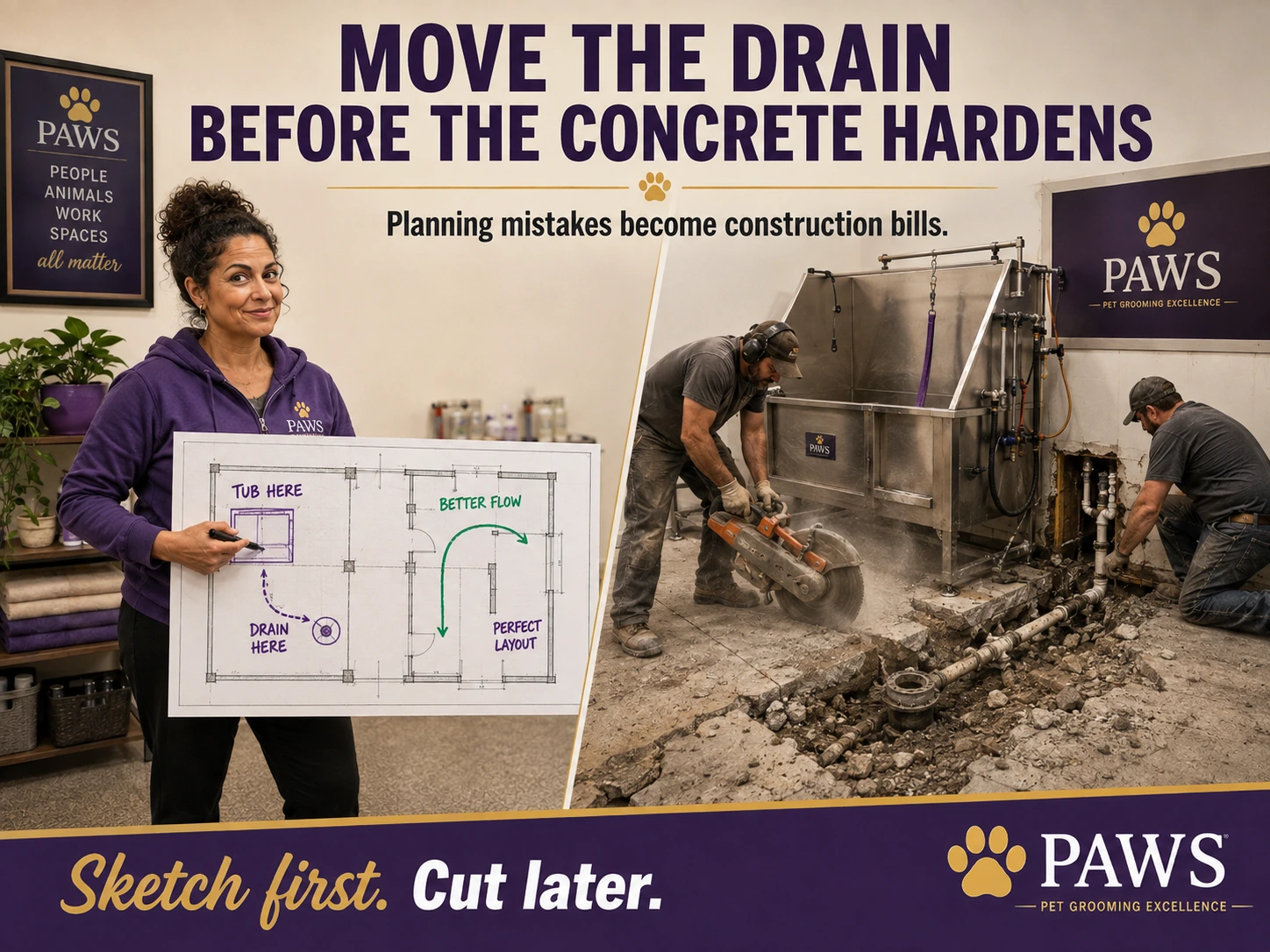 PAWS grooming graphic showing the PAWS Lady adjusting a floor plan beside contractors cutting concrete and rerouting plumbing to illustrate why drain placement must be planned early.