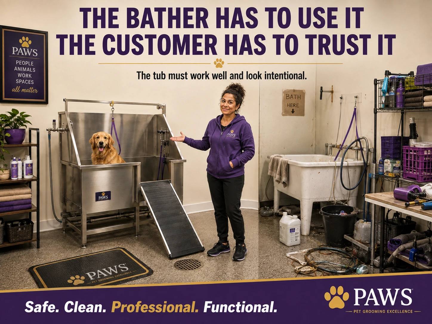 PAWS grooming graphic contrasting a clean professional grooming tub station with a cluttered improvised bathing area to emphasize both functionality and customer trust.