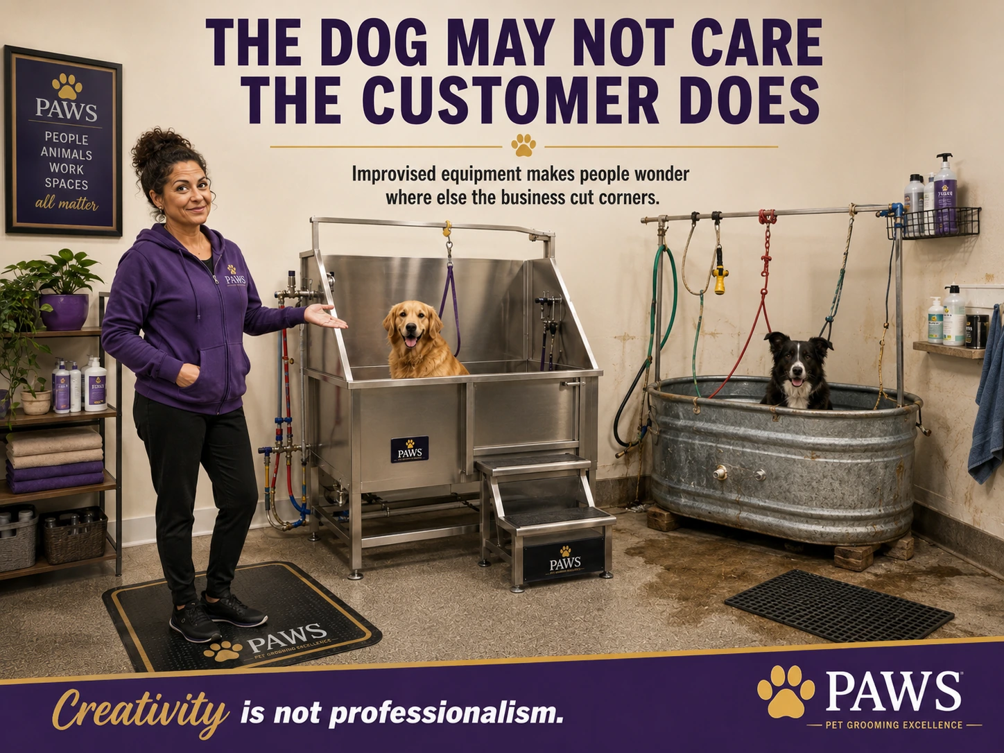PAWS grooming graphic comparing a professional stainless dog tub with an improvised livestock trough bathing setup to show how equipment appearance affects customer trust.