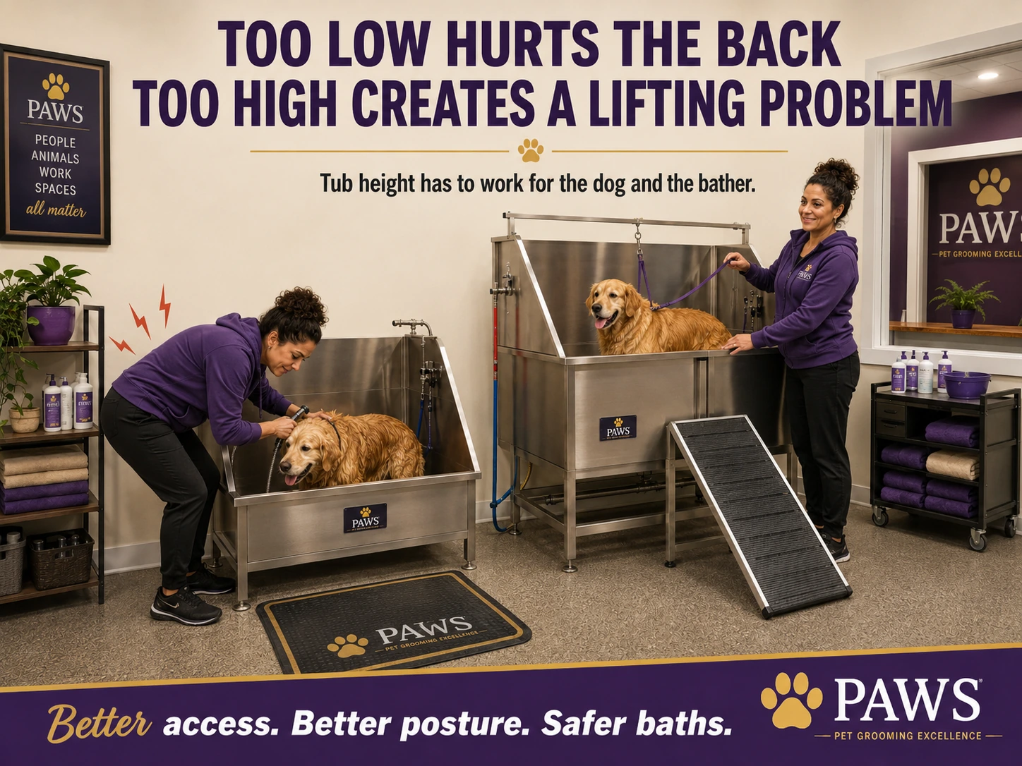 PAWS grooming graphic comparing a low grooming tub that forces a bather to bend over with a higher tub and ramp that improves posture and dog access.