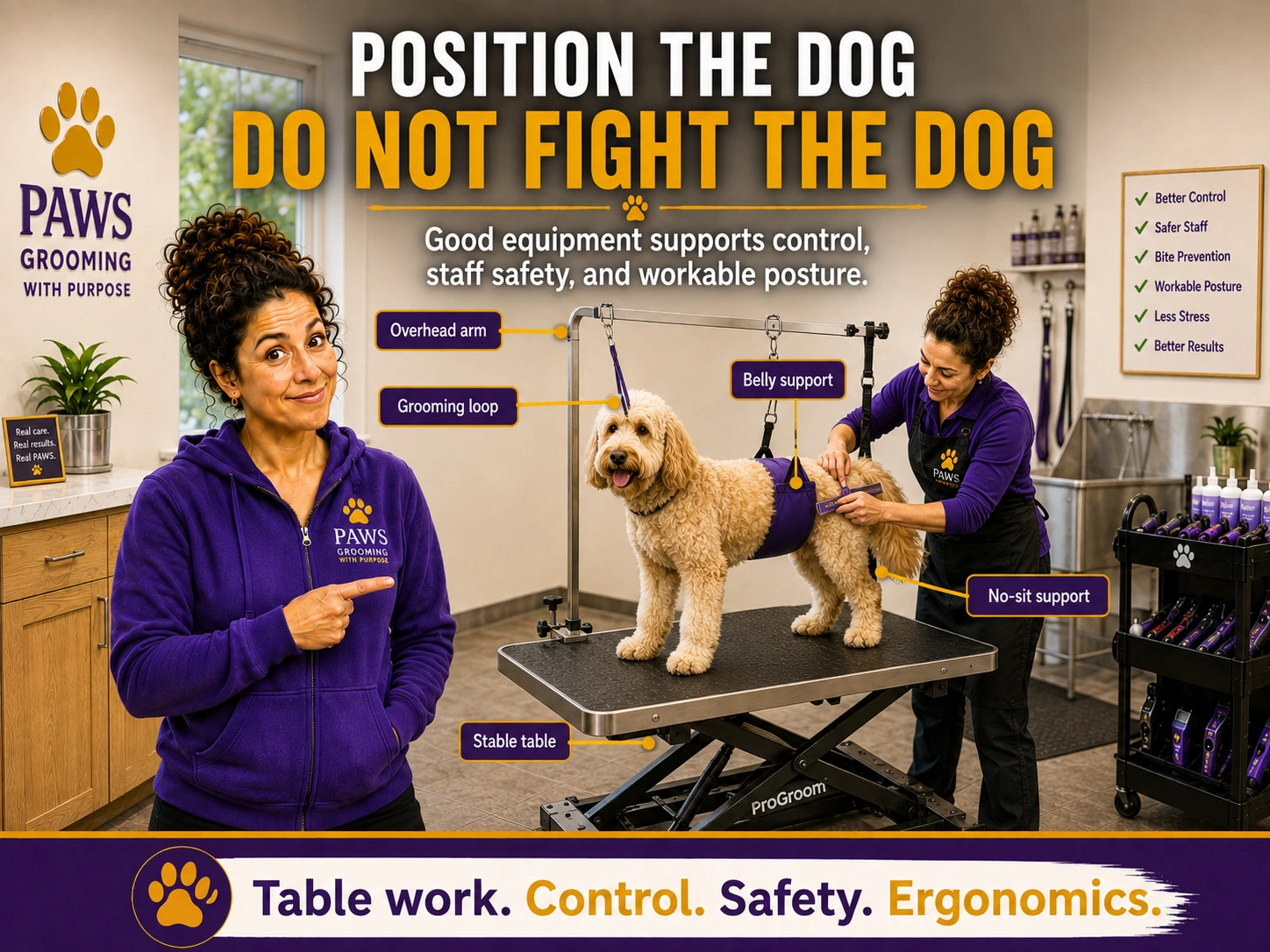 PAWS Lady points to a dog safely positioned on a grooming table with an overhead arm, grooming loop, belly support, no-sit support, and stable table.