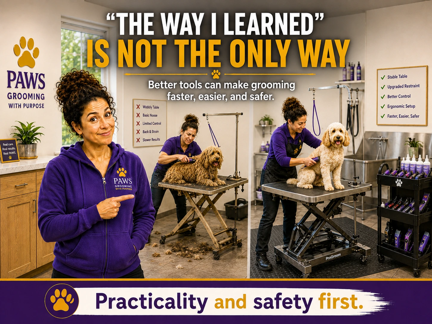 PAWS Lady compares an outdated grooming-table setup with a more stable, better-controlled workstation, showing that familiar methods are not always the safest or most efficient.
