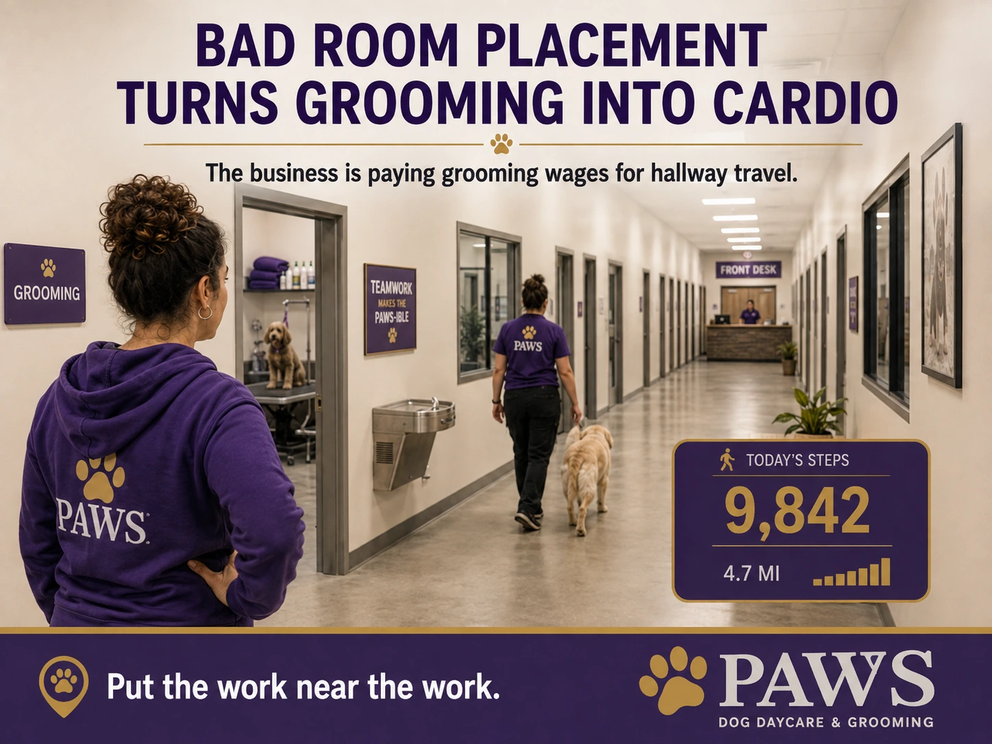 PAWS Lady watches a groomer walk a long hallway between the grooming room and front desk, highlighting wasted steps.