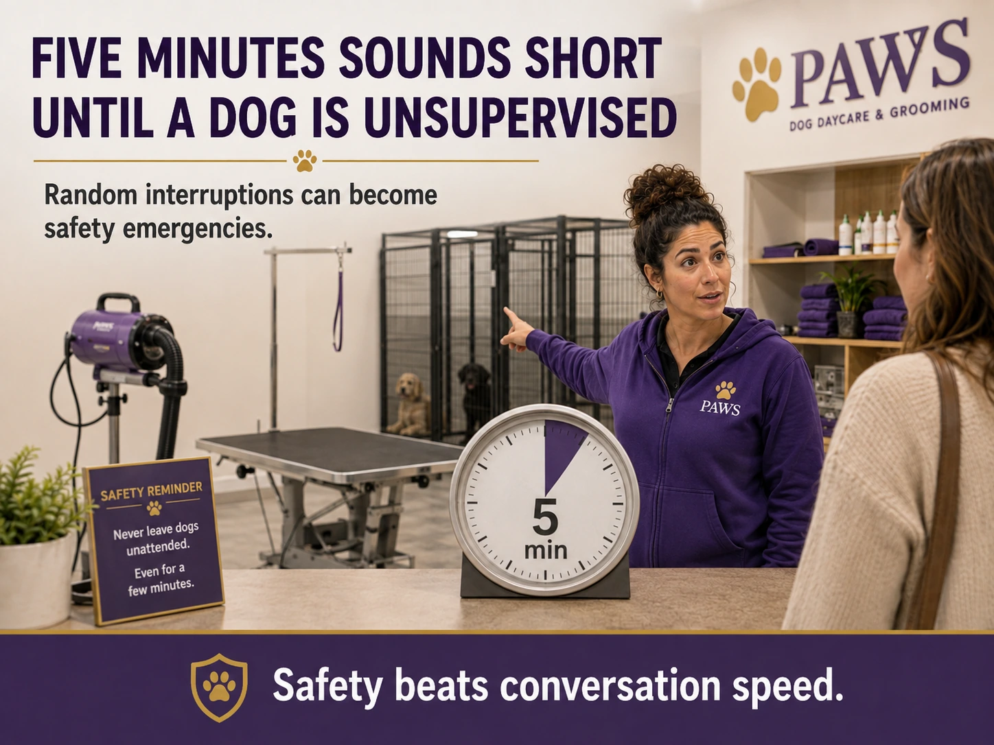 PAWS Lady points toward the grooming area while a large five-minute timer illustrates how brief interruptions can become safety risks.