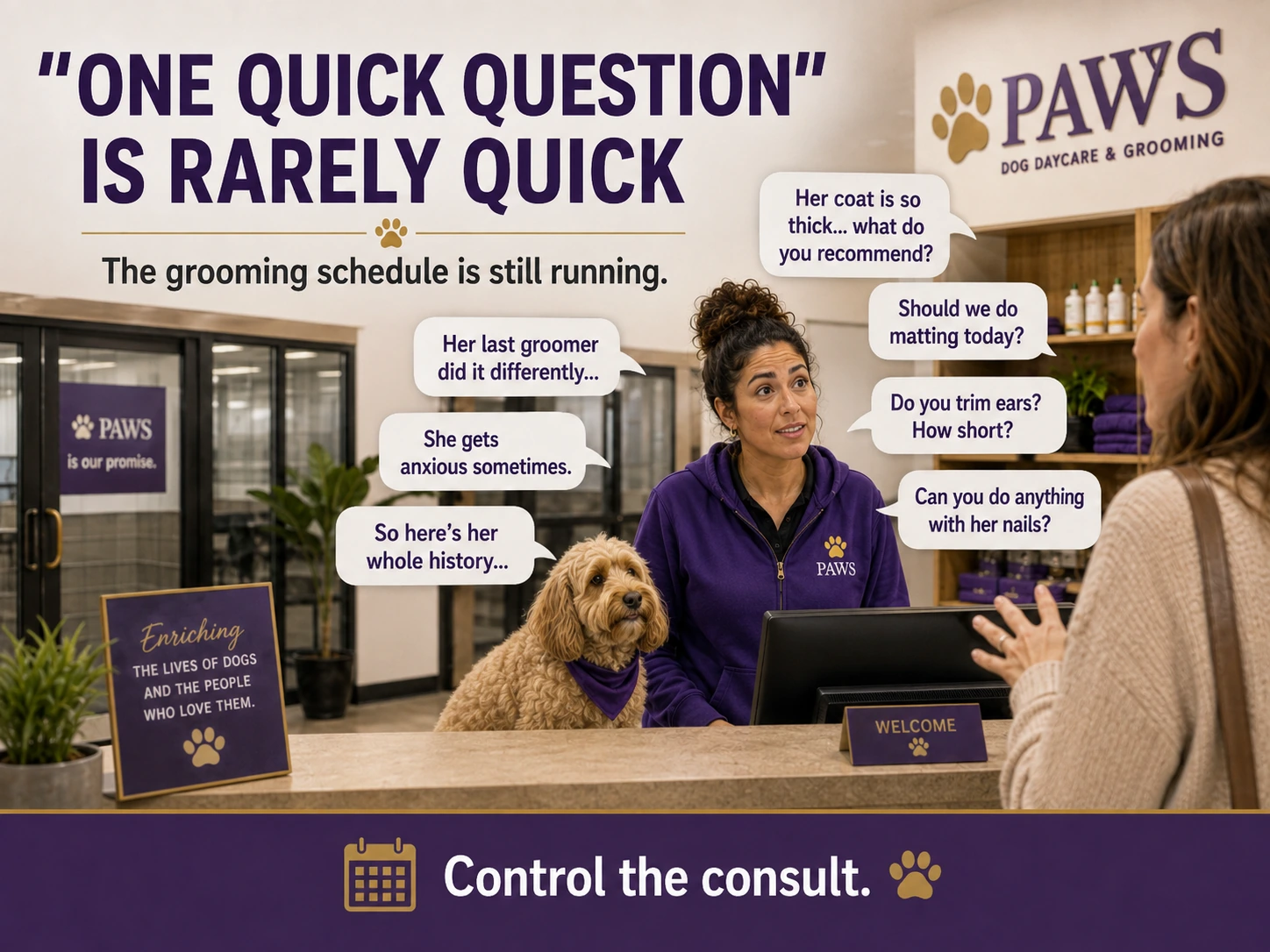PAWS Lady at the front desk speaking with a customer while multiple speech bubbles show grooming questions stacking up.