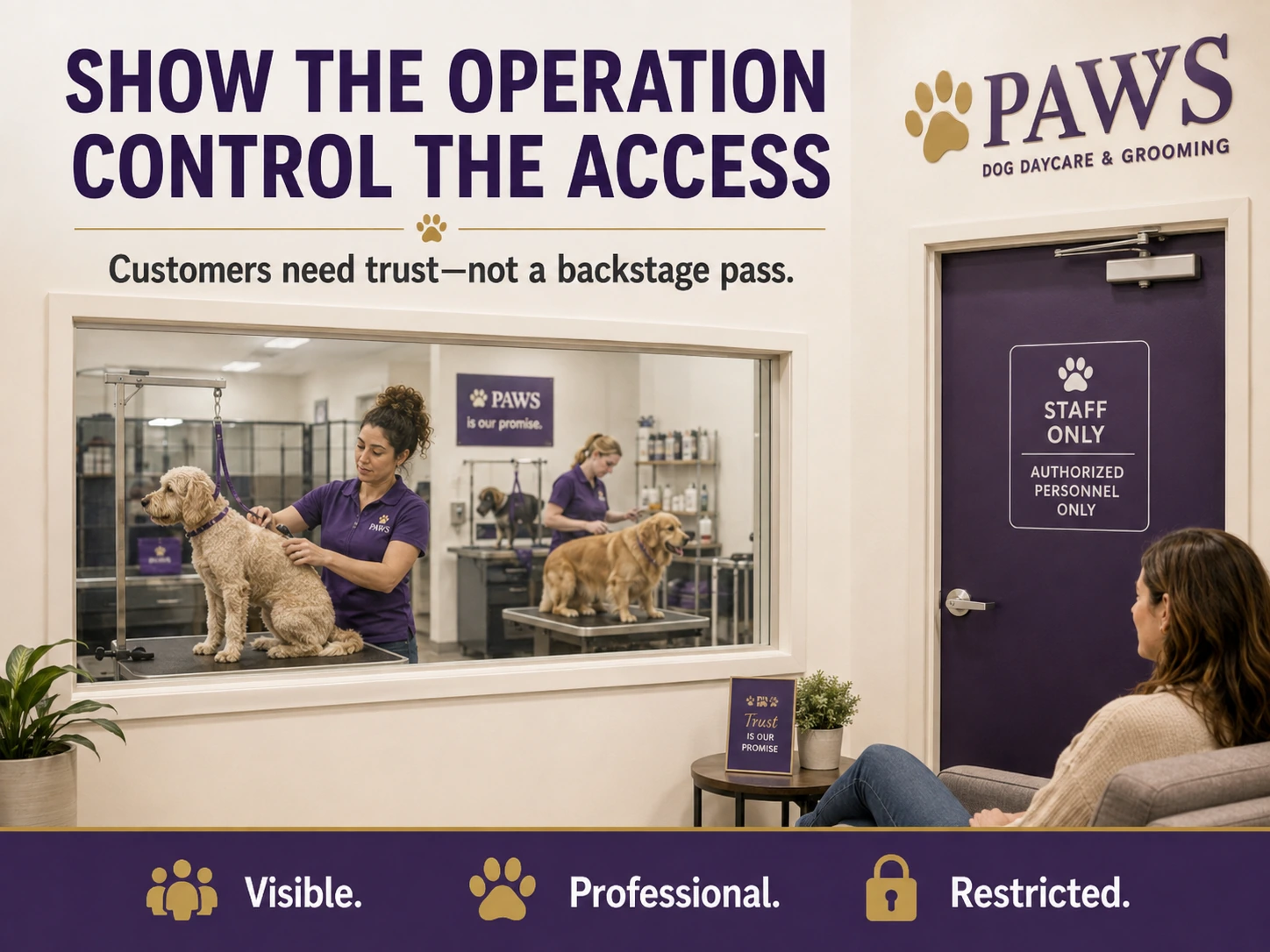 Customer seated outside a grooming room watches dogs through a viewing window while a staff-only door keeps access restricted.