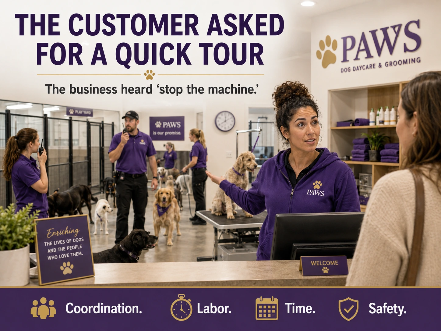 PAWS Lady speaks with a customer at the front desk while staff, dogs, and radios show the operational ripple effect of a quick tour request.