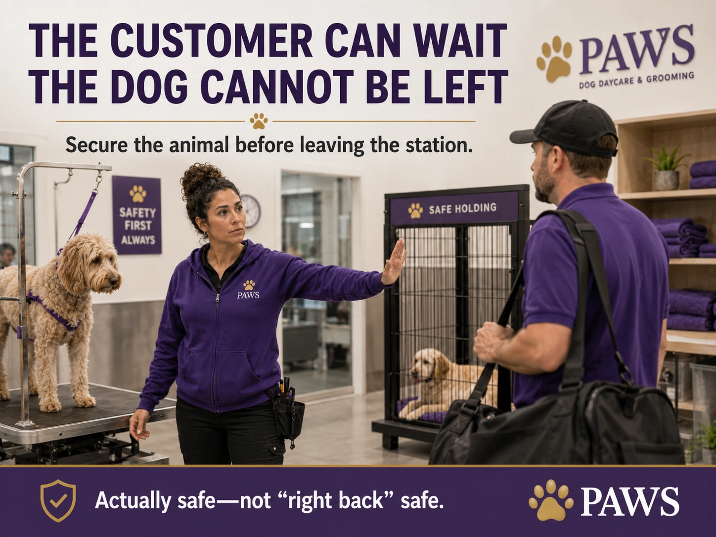 PAWS Lady stops a staff member from leaving while a dog remains on a grooming table and a safe holding kennel is visible nearby.