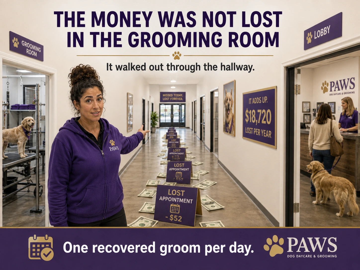 PAWS Lady points down a hallway lined with lost-appointment markers and dollar bills to show how layout waste becomes lost revenue.