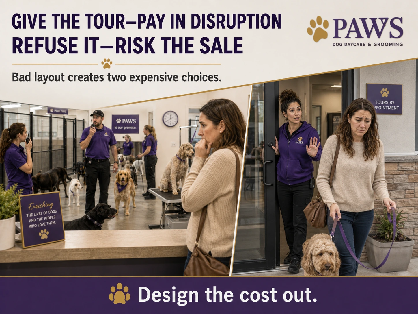 Split-scene PAWS image showing a customer tour disrupting operations on one side and a disappointed customer leaving on the other.