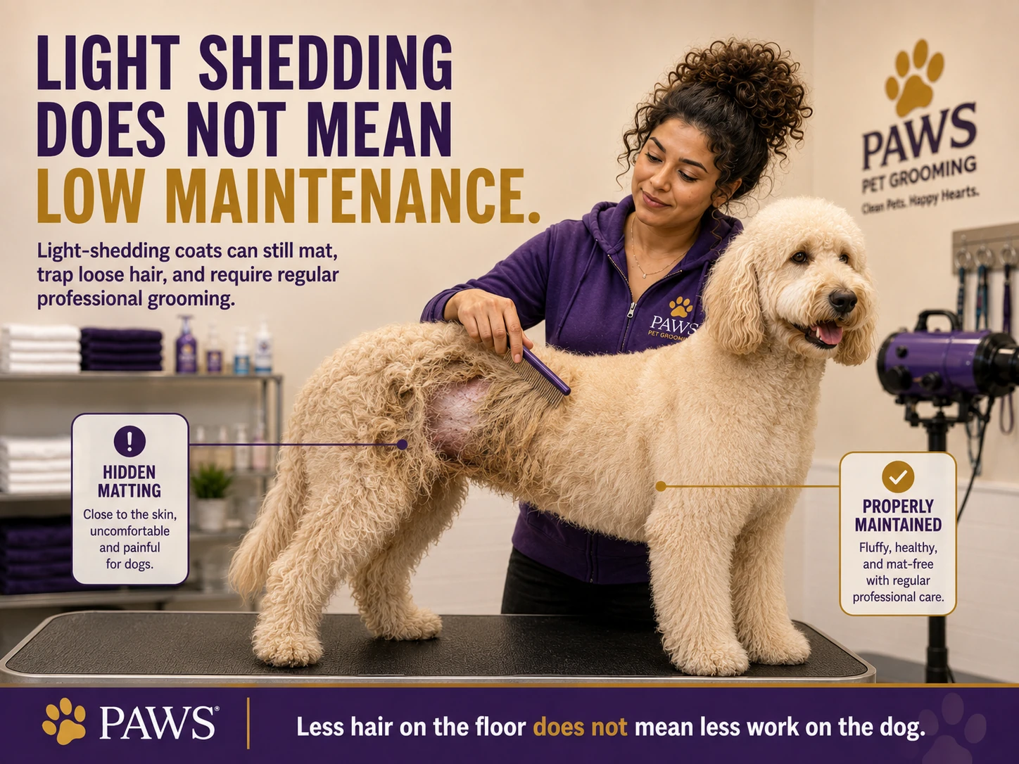 PAWS Lady grooming a curly light-shedding dog with one side showing hidden matting and the other side showing a properly maintained coat.