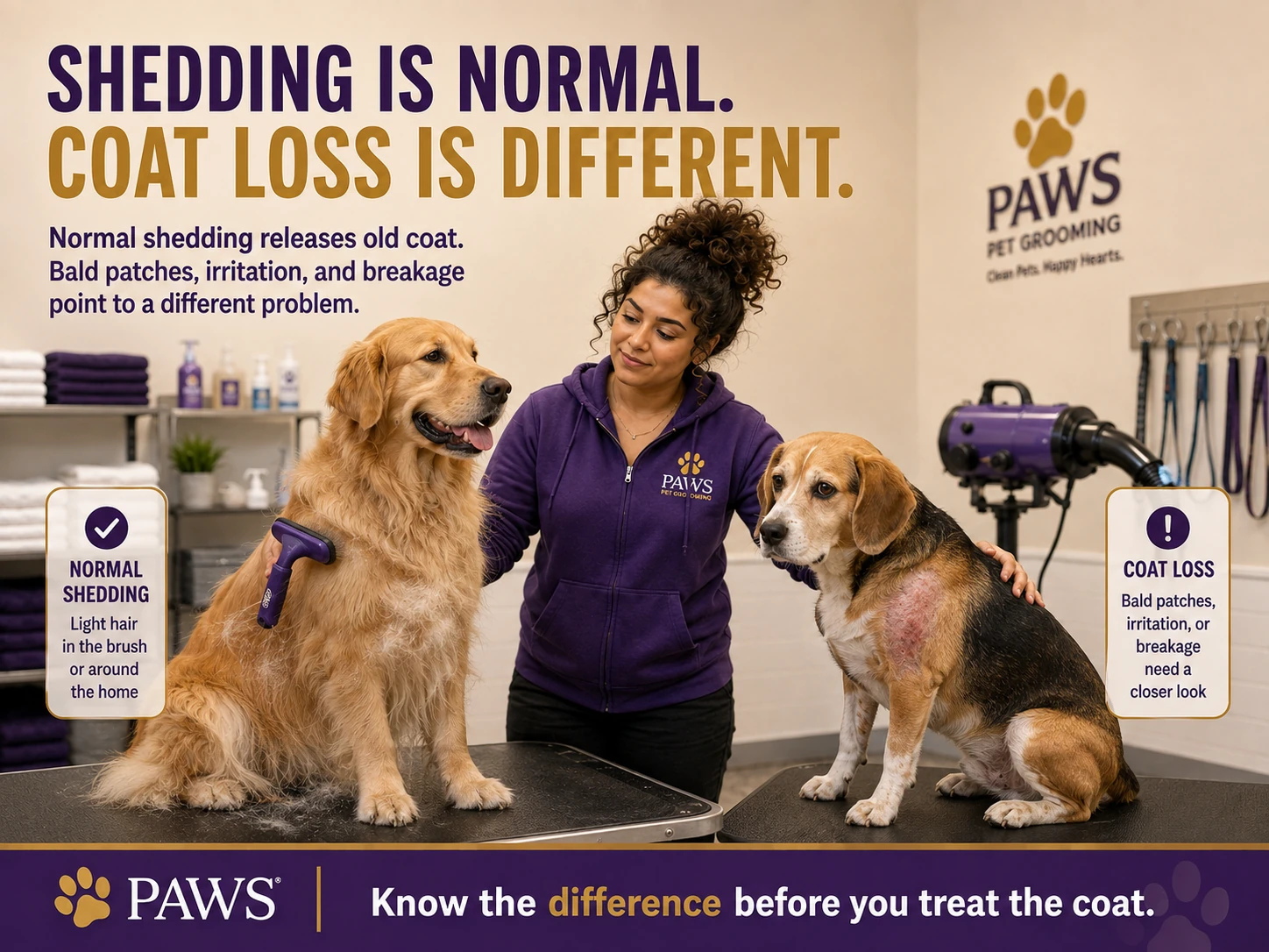 PAWS Lady standing between a normally shedding golden retriever and a dog with coat loss and irritated skin to explain the difference between shedding and hair loss.