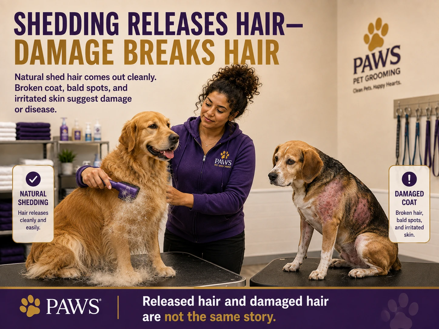 PAWS Lady in a grooming salon comparing normal shedding on a golden retriever with damaged coat and irritated bald patches on a second dog.