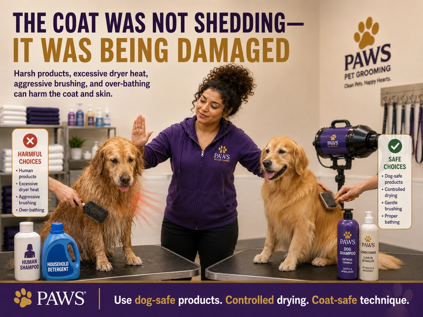 PAWS Lady separating harmful grooming practices from safe dog grooming practices with damaged wet coat on one side and correctly groomed coat on the other.