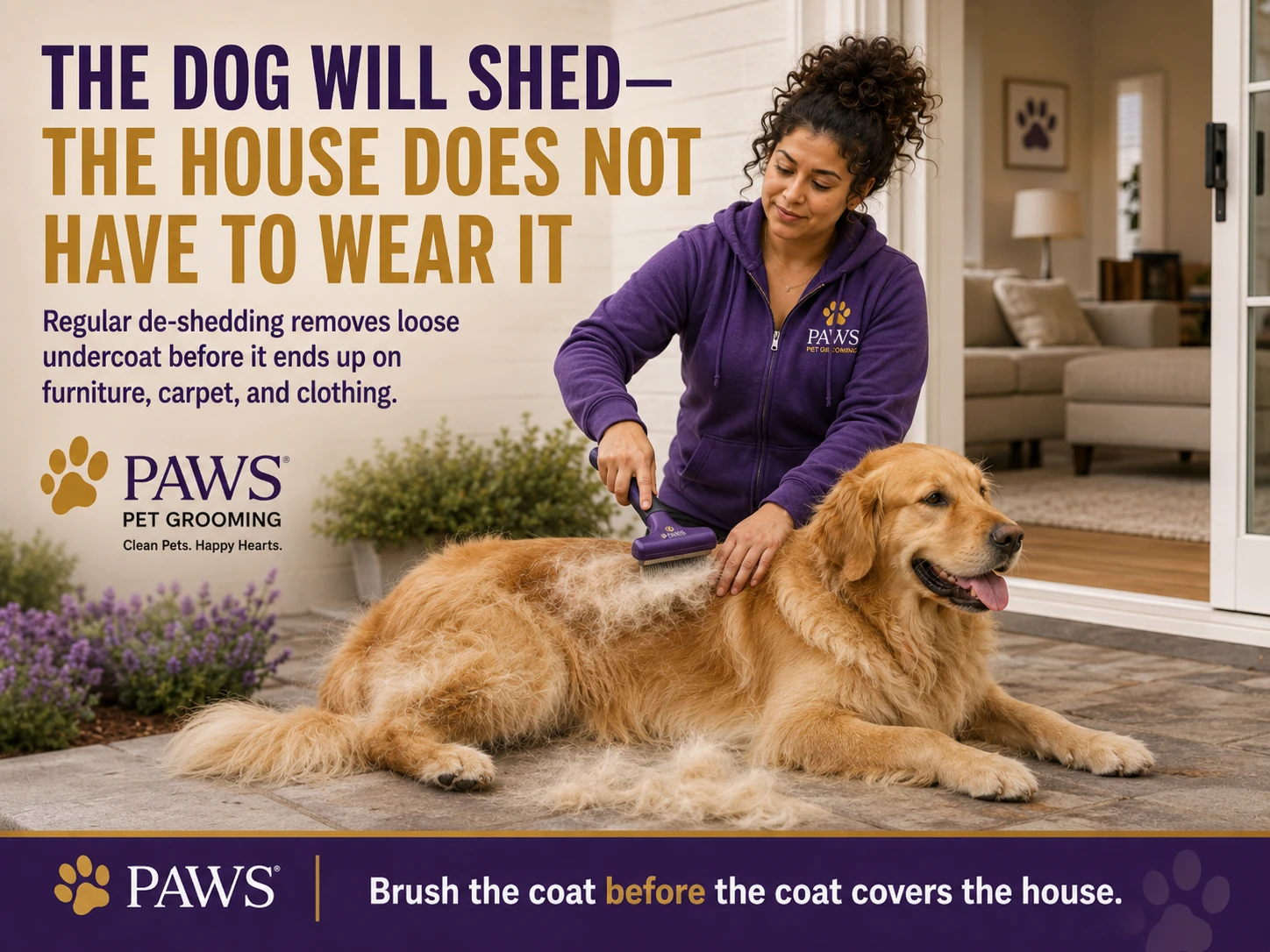 PAWS Lady brushing loose undercoat from a golden retriever on a patio outside a home to keep shedding out of the house.
