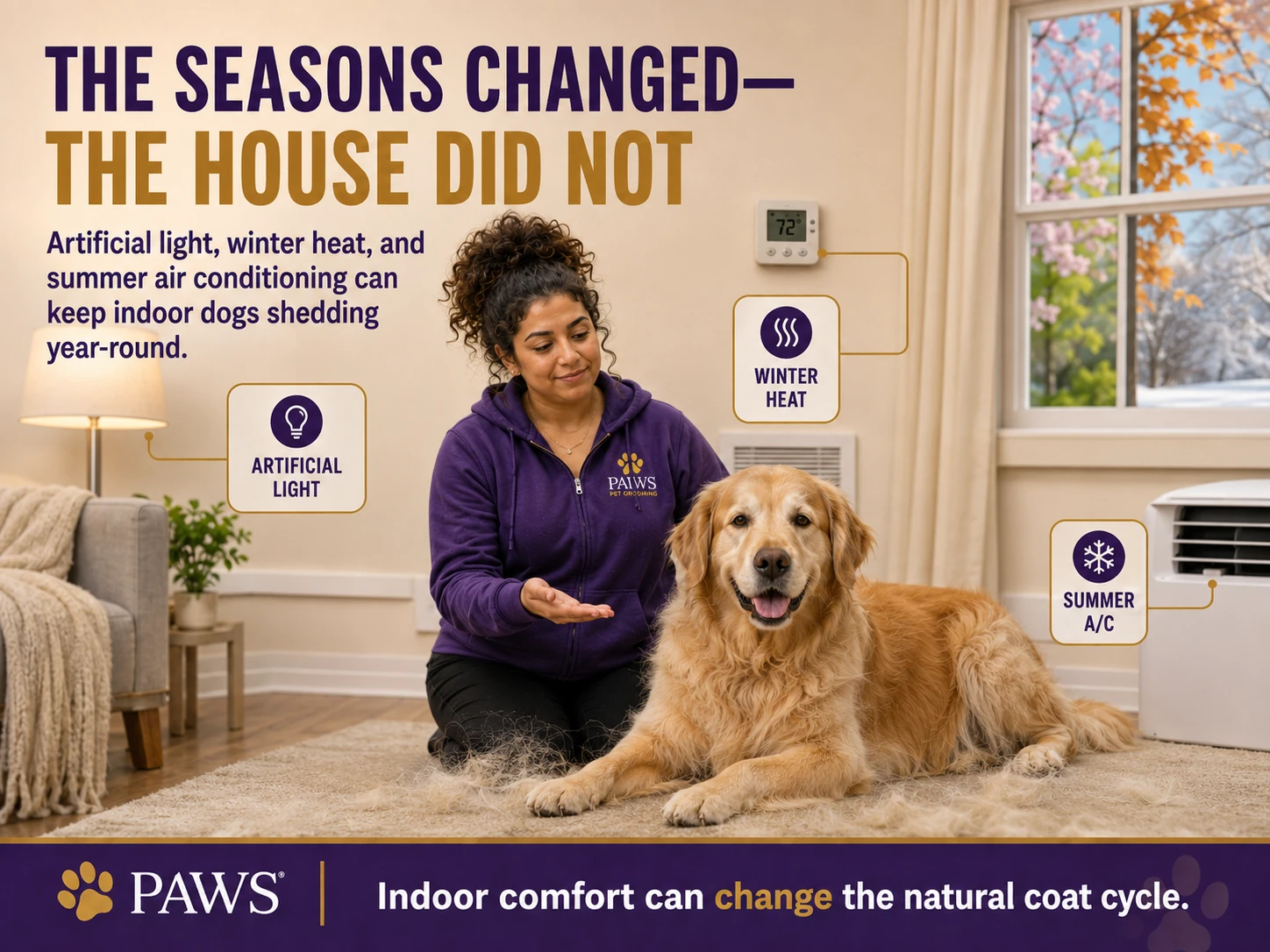 PAWS Lady kneeling beside a shedding golden retriever indoors with labels for artificial light, winter heat, and summer air conditioning.