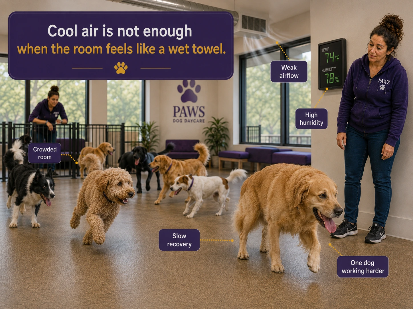 Inside PAWS Dog Daycare, several dogs play in a crowded room while a staff member watches a slower-recovering golden retriever near a display showing 74 degrees and 78 percent humidity; callouts identify high humidity, weak airflow, crowding, and increased heat strain.