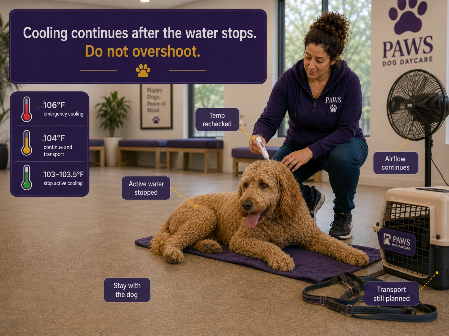 PAWS staff member rechecks a dog’s temperature after active cooling while a fan continues airflow; a side graphic lists temperature thresholds for emergency cooling and when to stop active cooling.