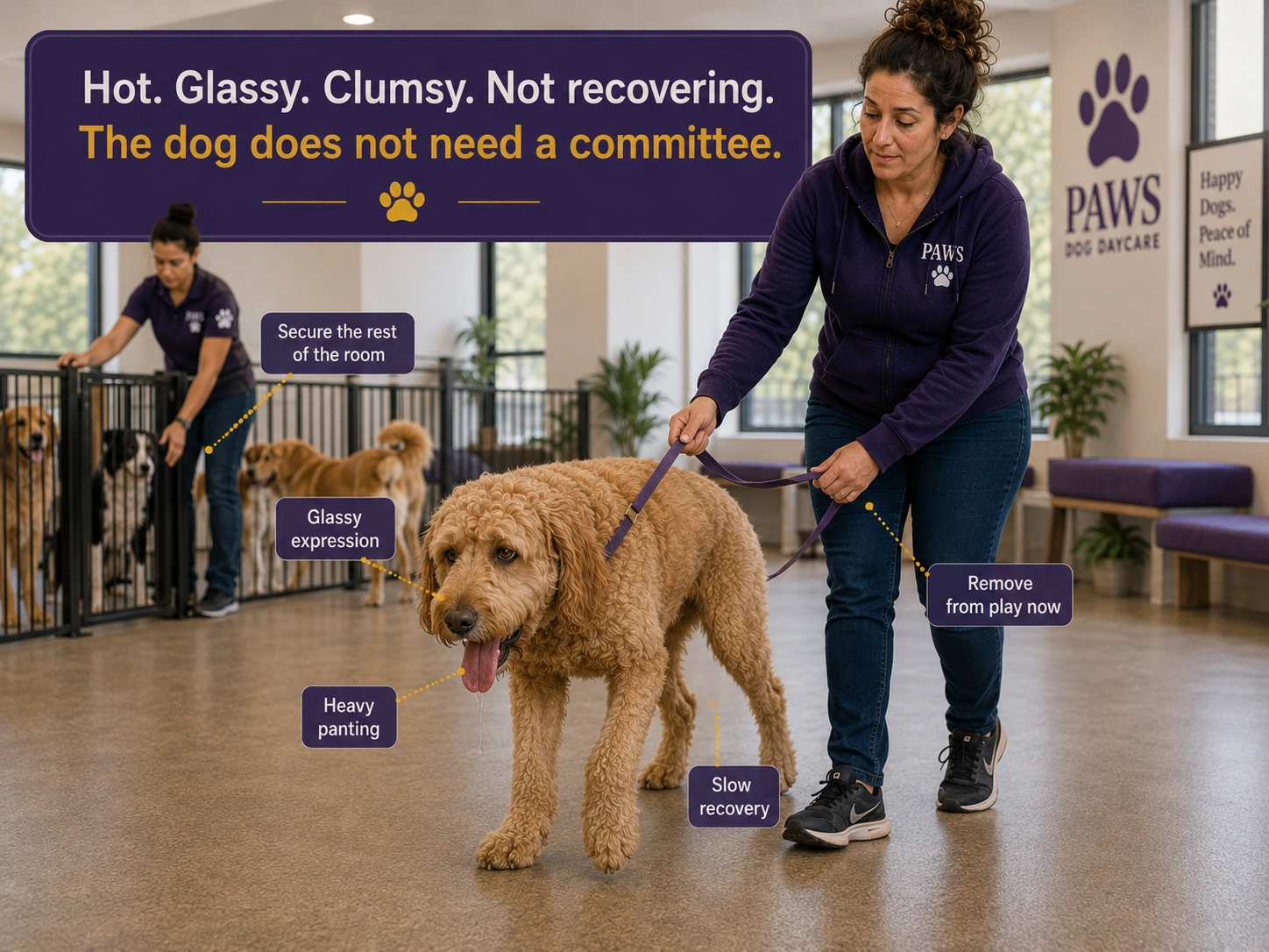 Curly-coated dog is led out of group play by a PAWS staff member while another staff member secures the rest of the room; labels identify glassy expression, heavy panting, slow recovery, and the need to remove the dog from play now.