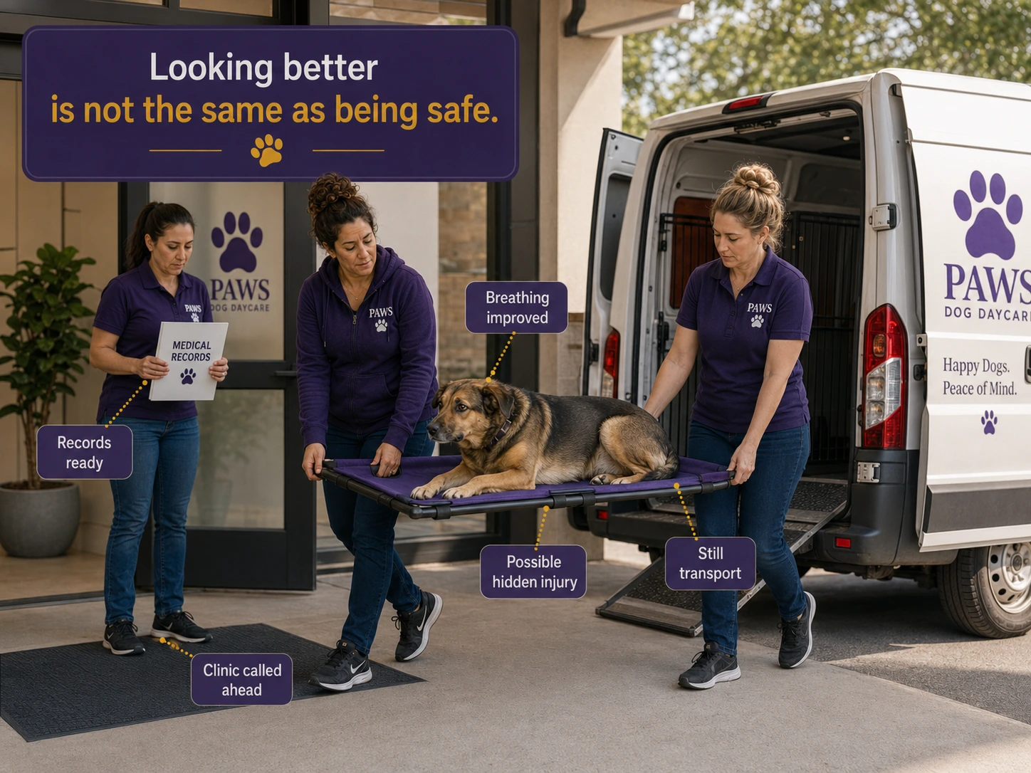 Three PAWS staff members transport a recovering dog on a stretcher toward a PAWS van while another staff member stands ready with medical records; labels note clinic called ahead, breathing improved, possible hidden injury, and transport still required.